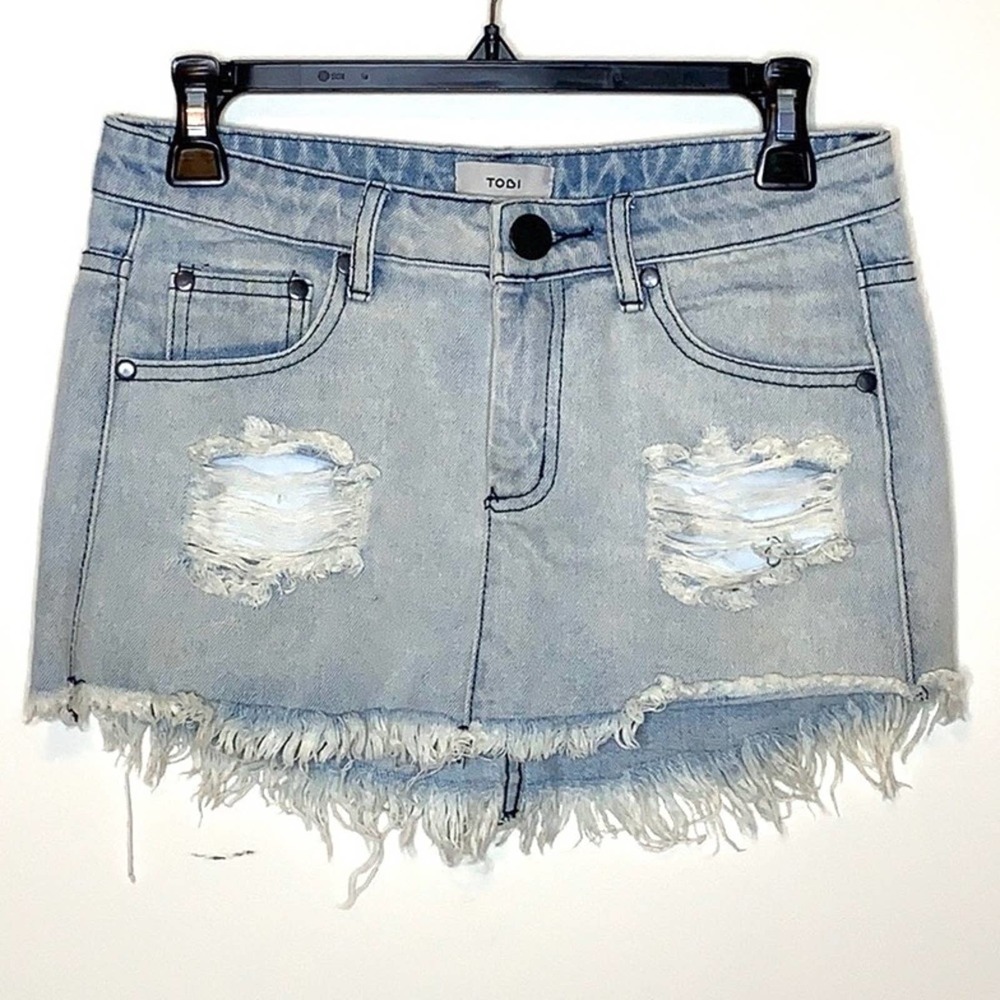 Tobi Distressed Denim Mini Skirt